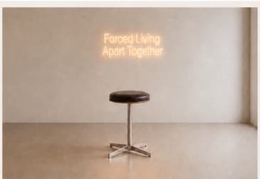 Neonletters ‘Forced Living Apart Together’ boven een krukje in een lege ruimte